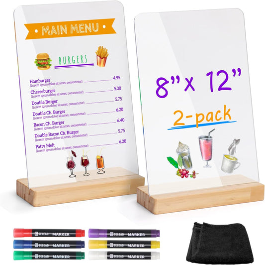 SELEAD Acrylic Clear Board Bar Sign - 2 Pack 8x12 Inch DIY Words Sign Board with Wooden Stand, Tabletop Double-Sided Menu Message Note Board for Business, Wedding, Events