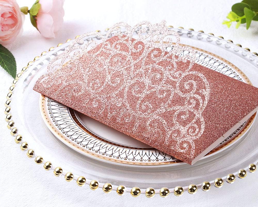 PONATIA 5.12 X 7.2 Rose Gold Glitter Wedding Invitations, 20PCS Tri-Fold Laser Cut Invitations Pockets With Envelopes For Wedding Bridal Shower Engagement Quinceanera Invitations (No Inner Sheet)
