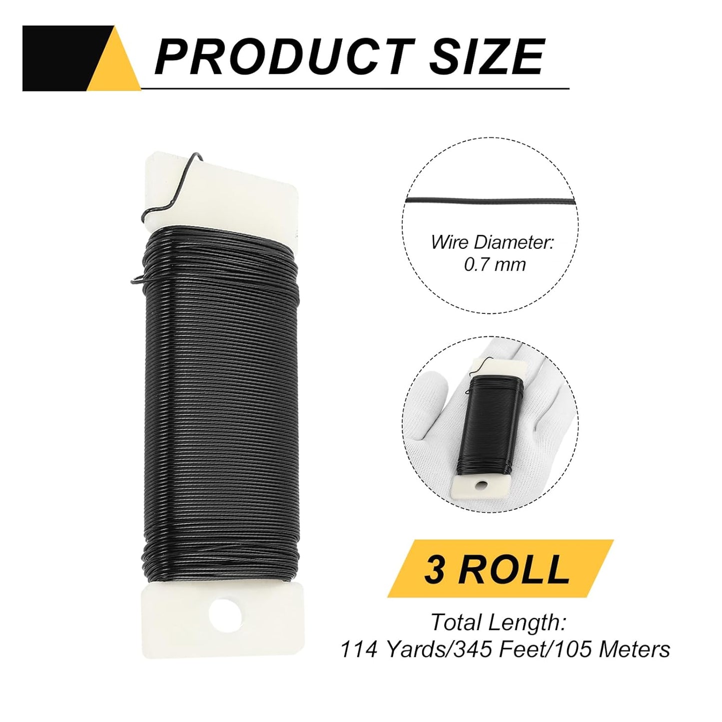 MECCANIXITY 114 Yards/345 Feet Metal Floral Wire 21 Gauge Black Flexible Paddle Thin Floral Wires for Craft, Christmas Wreath, Flower Arrangement, Wedding, Total 3 Roll