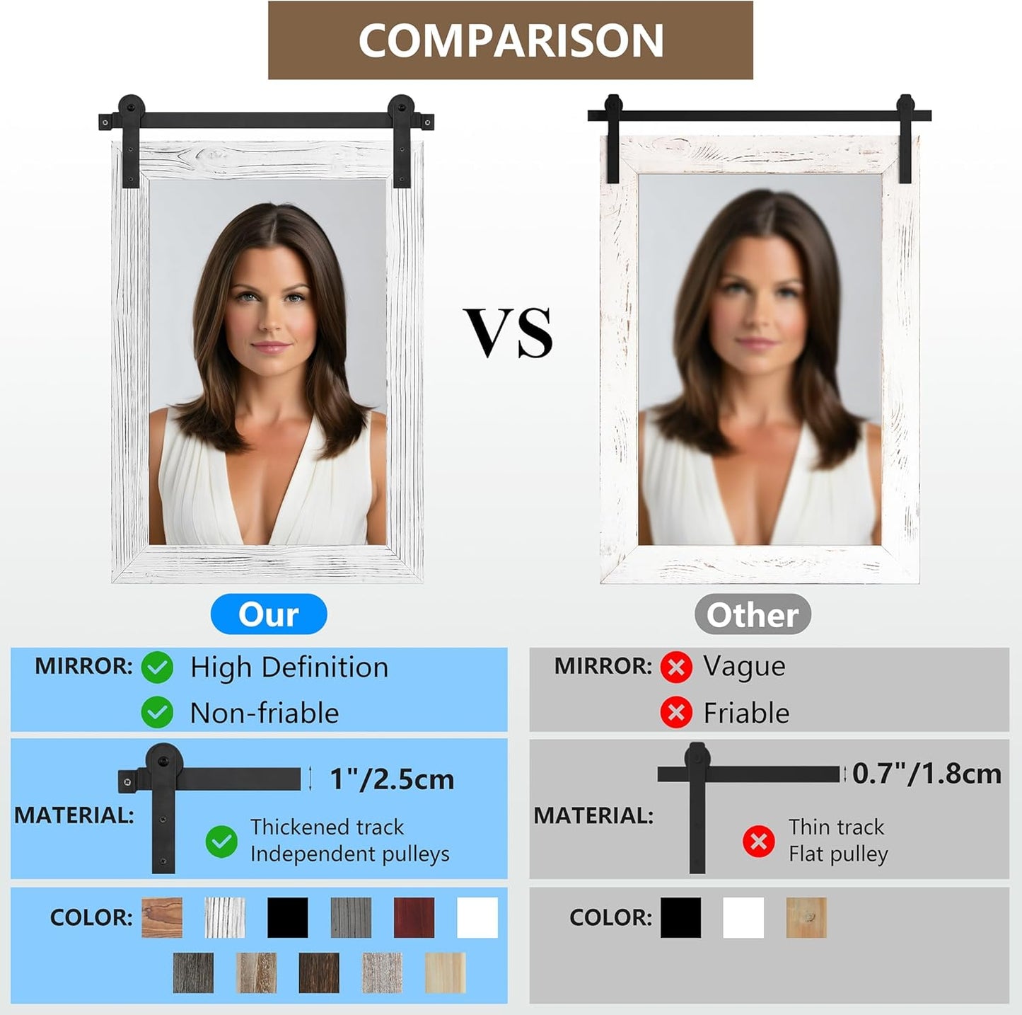 COGOOD Farmhouse Bathroom Mirror - 42 x 29 Rustic Barn Door Style Mirror for Living Room, Entryway, Vanity Wall Decor (White)