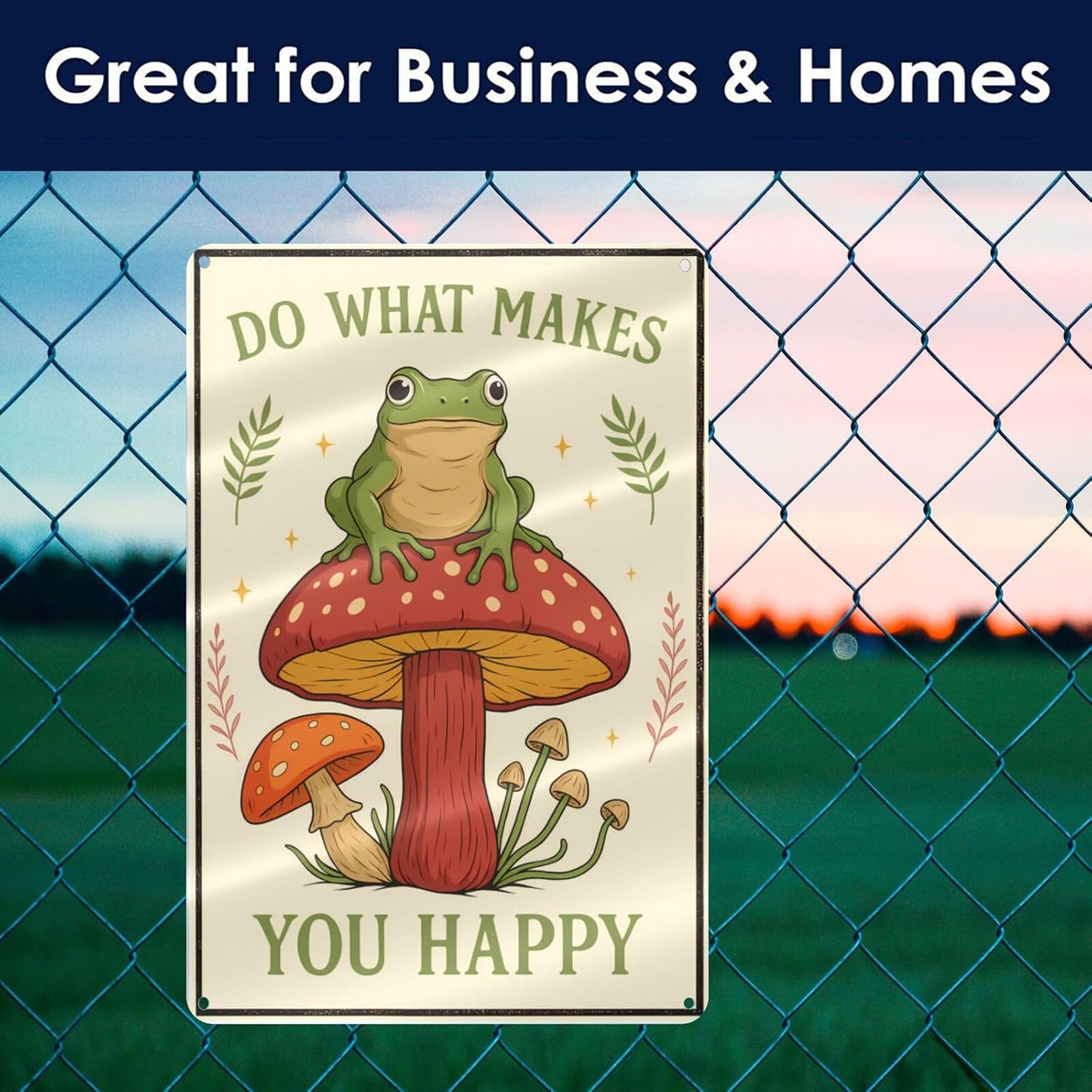 Funny Frog on Mushroom Metal Sign - Cute Cottagecore Forest Wall Decor for Bathroom, Kitchen, Bedroom or Patio - Whimsical 12" x 8" Tin Sign