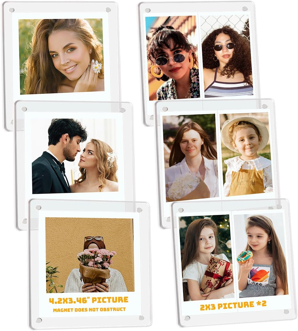 Acrylic Magnetic Refrigerator Picture Frames, 4.2"*3.46" Magnetic Fridge Clear Photo Frames Compatible with Polaroid Camera Instax Wide 300/210/200 Films for Refrigerator/Locker/Wall, 6Pack