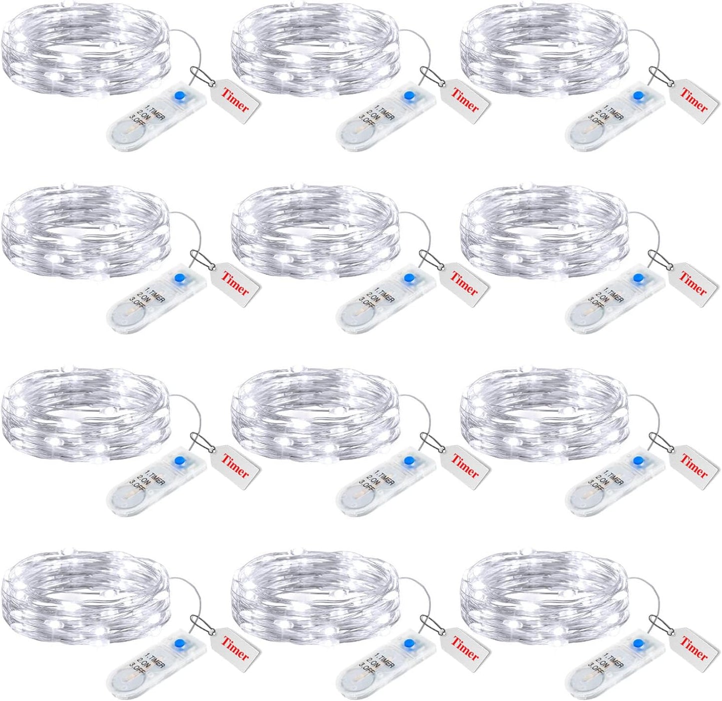 Minetom 12 Pack Fairy Lights Battery Operated String Lights with Timer - 7ft 20 LED Waterproof Silver Wire Firefly Lights Waterproof for DIY Crafts Wedding Décor Table Mason Jars Party, White