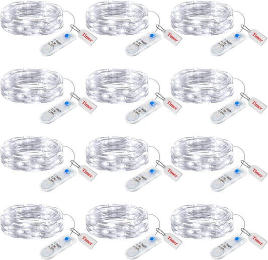 Minetom 12 Pack Fairy Lights Battery Operated String Lights with Timer - 7ft 20 LED Waterproof Silver Wire Firefly Lights Waterproof for DIY Crafts Wedding Décor Table Mason Jars Party, White