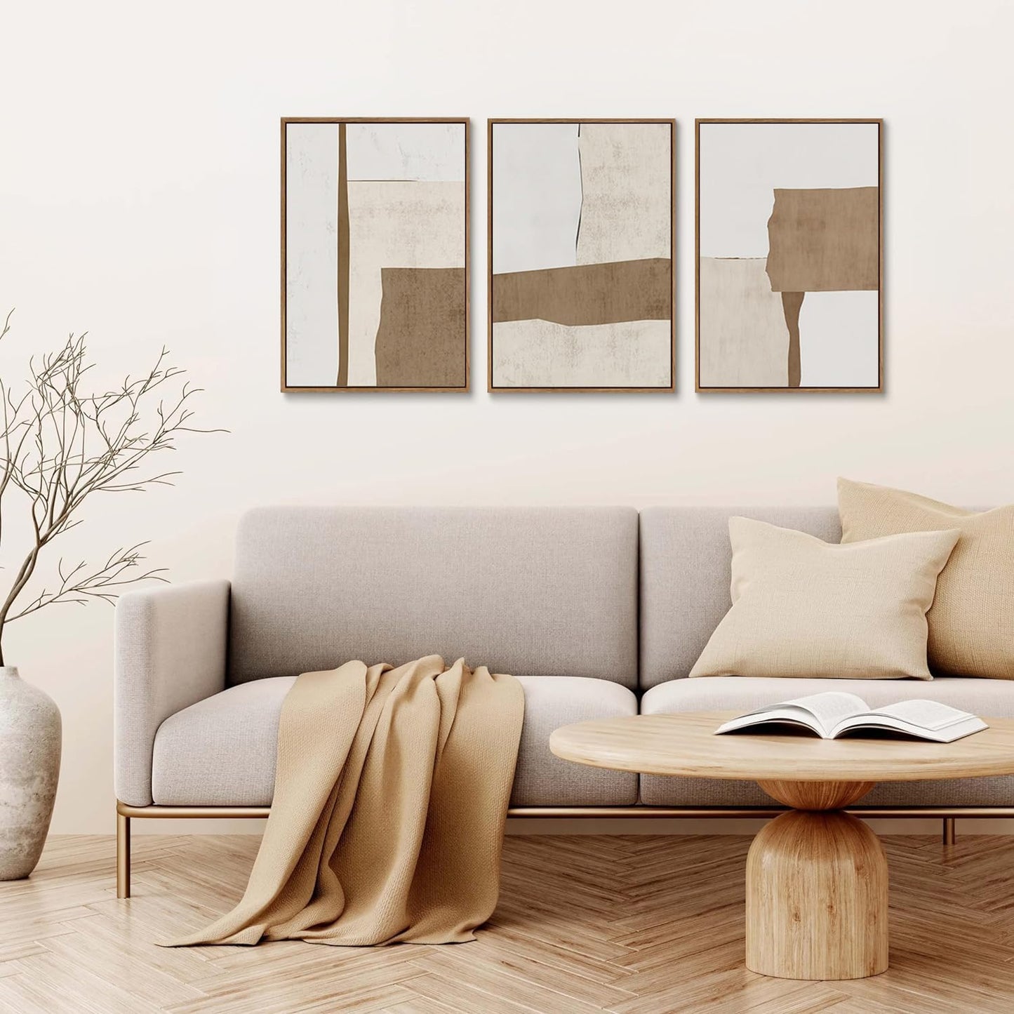myusuar 3 Piece Large Modern Abstract Canvas Framed Wall Art For Living Room, Brown And Beige Block Minimalist Wall Art Decor Posters Prints For Bedroom Office, 12x16in