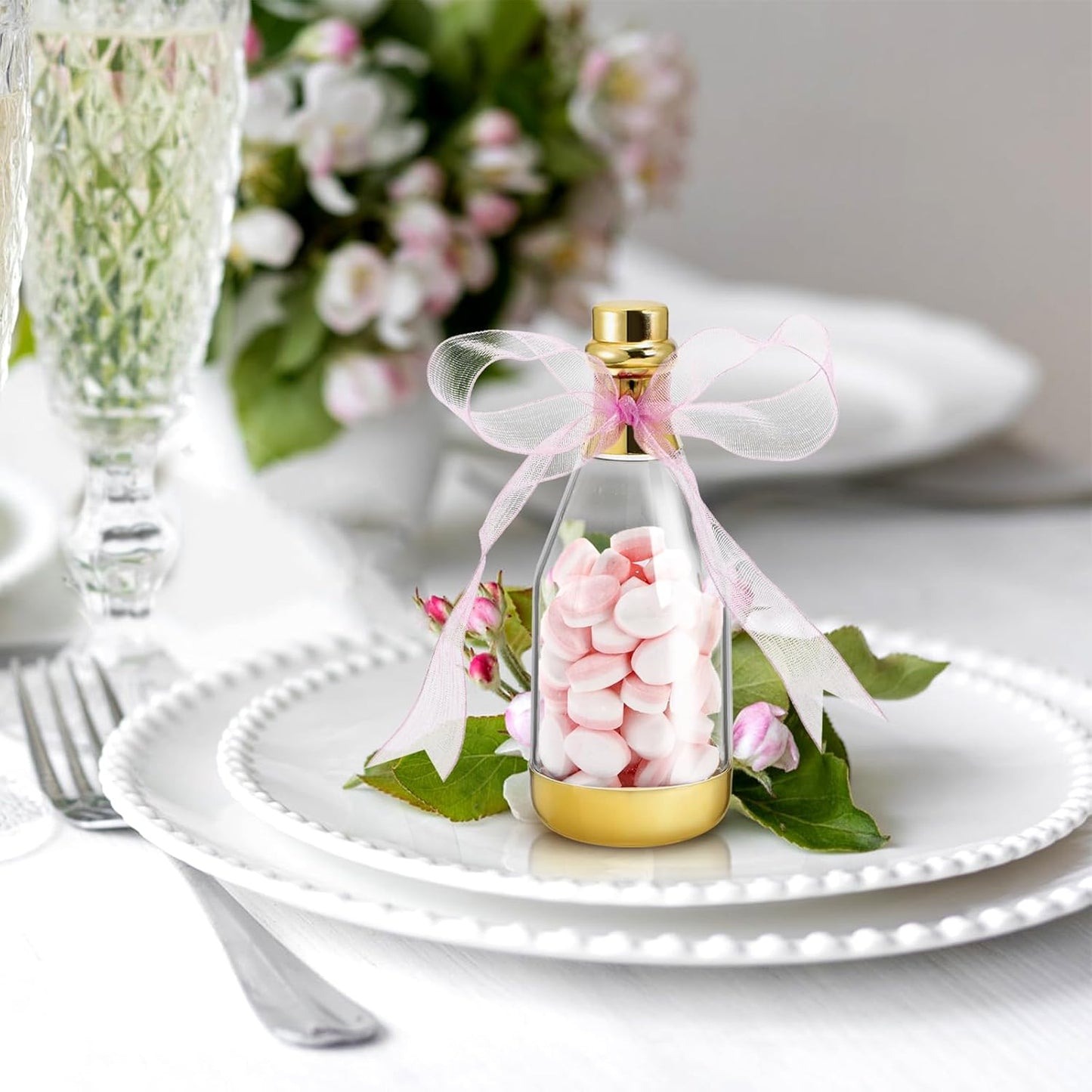 Frcctre 48 Pack Metallic Golden Mini Champagne Bottles, Plastic Champagne Candy Bottles Candy Jar Party Favor Containers for Wedding Birthday Party Bridal Shower Baby Shower