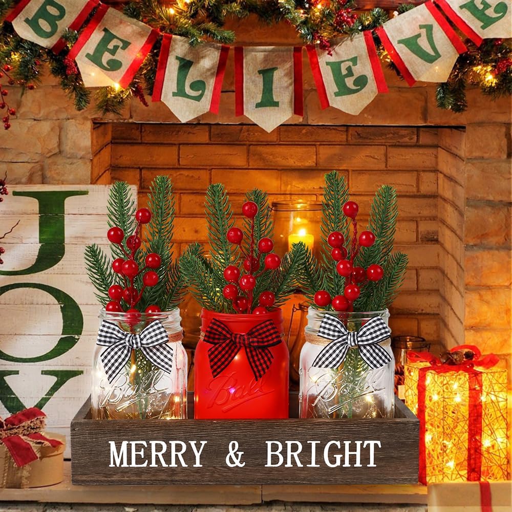 DIYDEC 3PCS Christmas Mason Jars 3*5Inch lighting Painted Xmas Tiered Tray Decorative Jars with Wood Tray &Artificial Flowers Wishing Bottles for Winter Holiday Home Table Centerpiece Decor Gift (Red)
