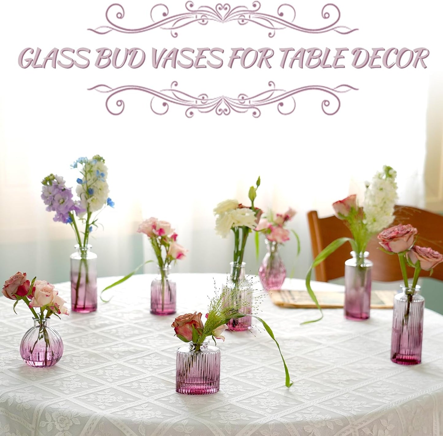 Bud Vases 24 in Bulk, Small Purple Vase Glass Vases for Flowers Vintage Ribbed Colored Wedding Flower Vase for Decor in Bulk Decor Bridal Shower Centerpieces Home Table Decoration