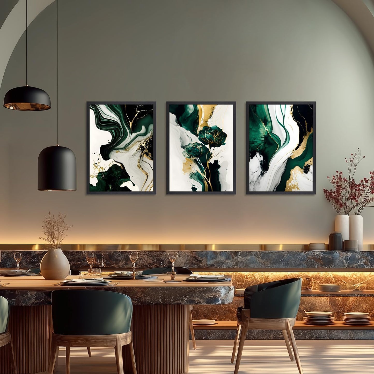 IAFWZX Wood Framed Green Gold Abstract Wall Art, Emerald Marble Textured Wall Decor, Contemporary Line Flower Canvas Paintings, Abstract Floral Poster Prints for Living Room Bedroom Office 12"x16"x3