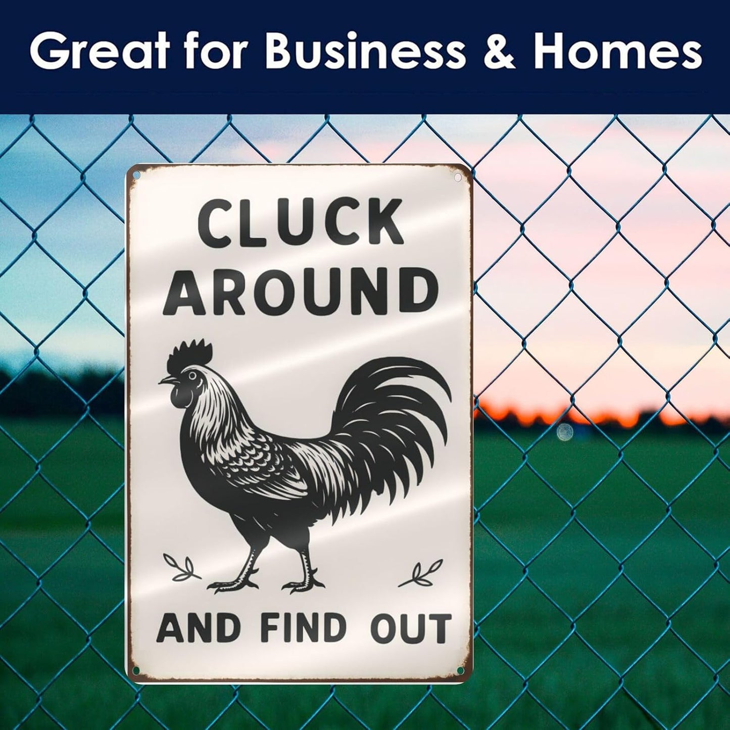 Funny Chicken Tin Sign - “Cluck Around and Find Out” Farmhouse Wall Decor for Kitchen, Coop, Garden - 8x12 inch Rustic Metal Gift