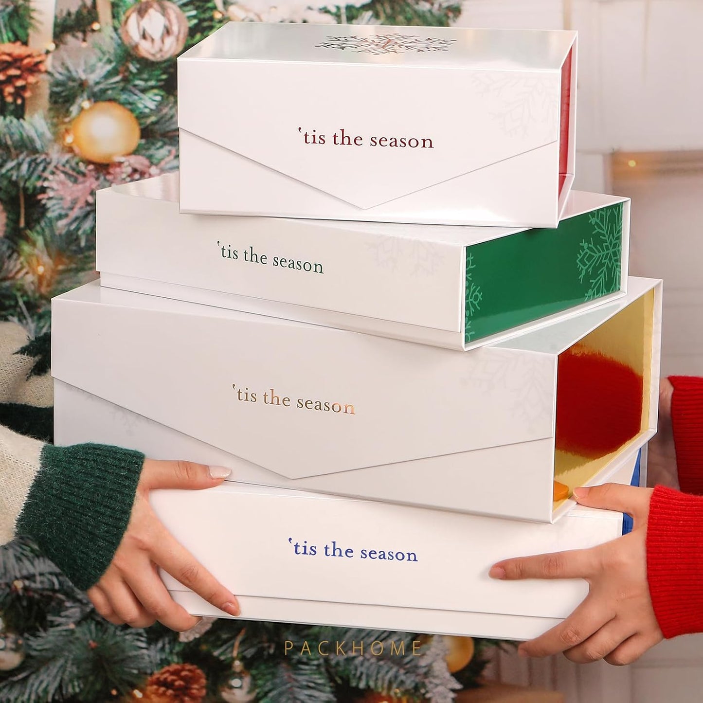 PACKHOME 6 Christmas Gift Boxes 13x9.7x3.4 Inches, Large Gift Boxes with Lids, Sturdy Shirt Boxes with Magnetic Lids for Wrapping Gifts (Blue Snowflake Pattern)