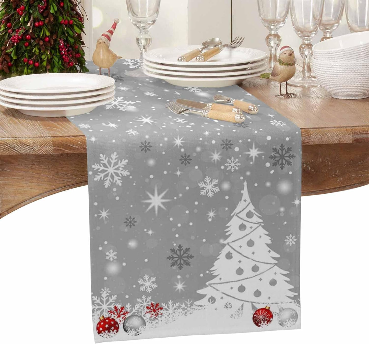 Christmas Snowflakes Cotton Linen Table Runner for Dining Kitchen, Xmas Tree Snow Winter Wedding Outdoor Party Tablerunners Decoration, Grey Balls Dresser Scarf Coffee Tablecloth Runners 13x60 Inches