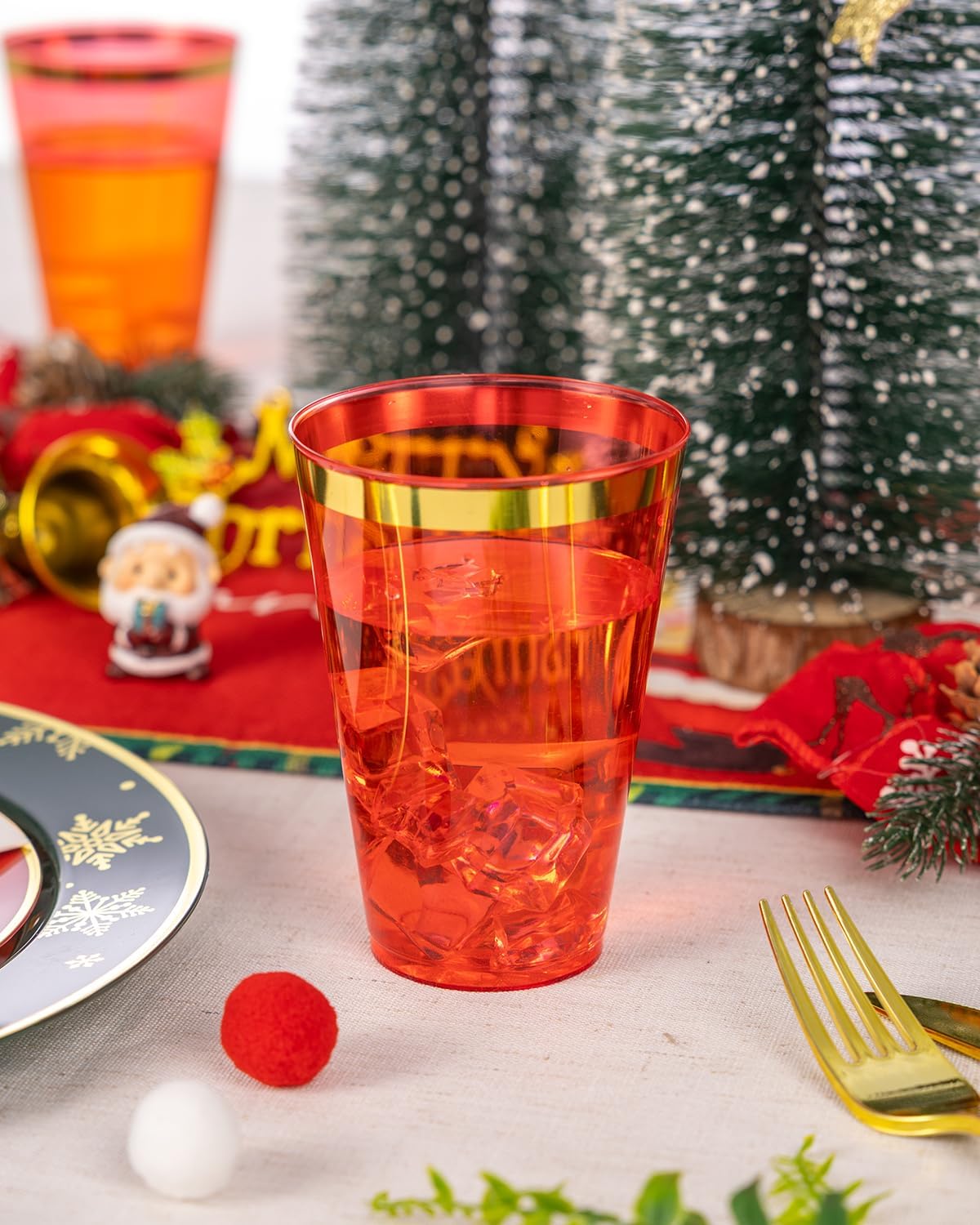 Goodluck 50PCS 14oz Red and Gold Plastic Cups for Party, Disposable Gold Rim Cups, Plastic Cocktail Glasses for Wedding Thanksgiving, Christmas, and Parties