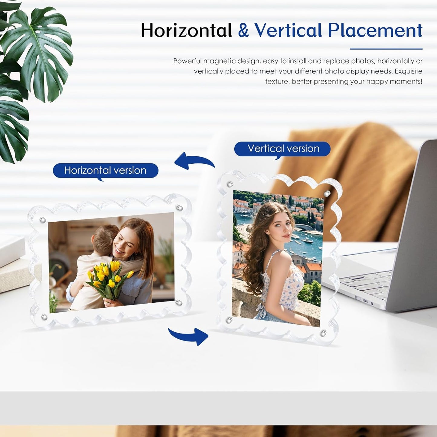 Scalloped Magnetic Picture Frame 4x6 Inch - 6Pack Clear Acrylic Photo Frame, 20mm Thick Double-Sided Magnet Design, Trendy Desktop Display for Home/Office Decor (6 Pack, 4X6)