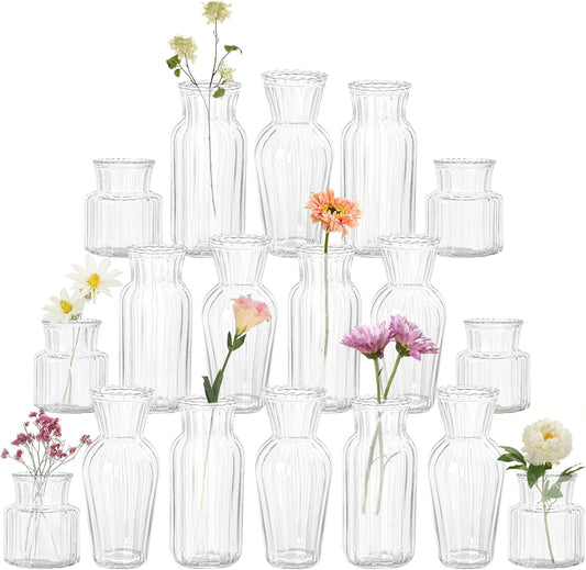 Modern Clear Glass Vase Set - 18Pcs Small Handmade Flower Vases, Decorative Mini Bud Vases for Wedding Reception, Dining Table, and Home Decor - Perfect for Single Stem Flowers