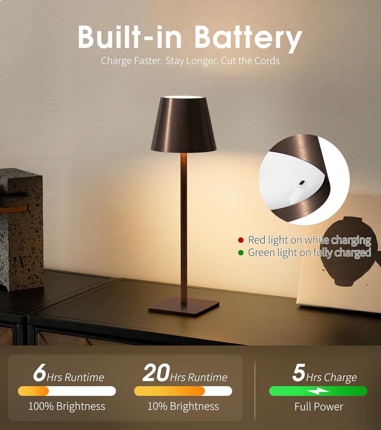 UME 3 Pack Cordless Table Lamp, Battery Operated Lamp - Portable Waterproof Rechargeable Table Lamp w/ 3 Color Temps & Stepless Dimming for Dinner, Desk, Cafe, Outdoor (Brushed Bronze | Coffee Tonal)