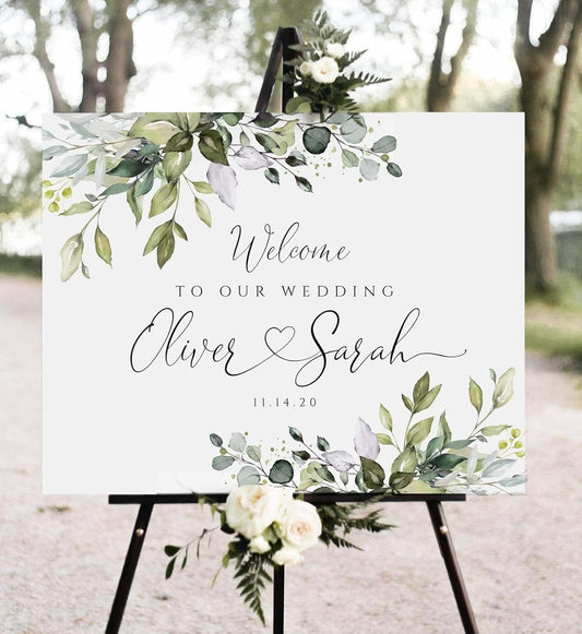 Personalized Wedding Welcome Sign, Elegant Greenery Eucalyptus Wedding Sign Signage 12" X 18" (Small), 27" (Medium), 36" (Large), Plastic, Modern, Pole Mount, Weather