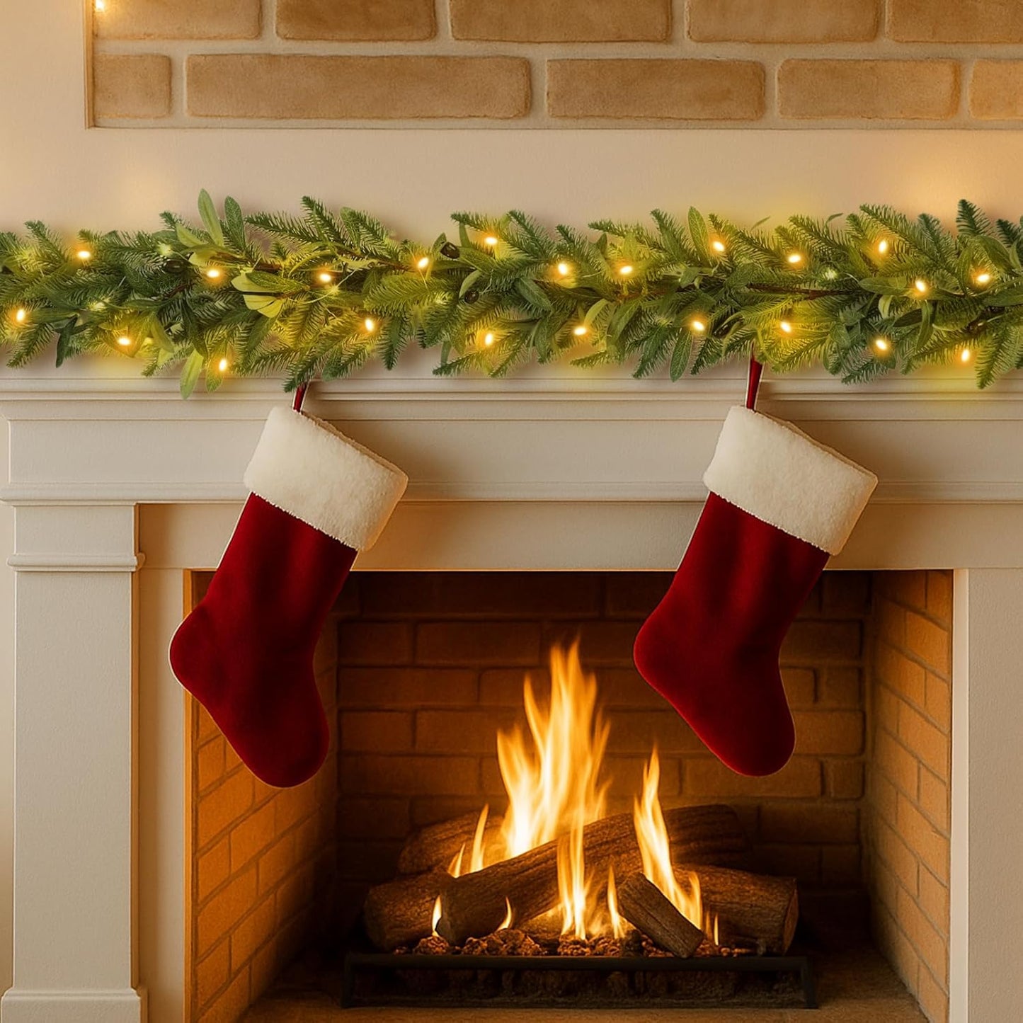 6.56 ft Christmas Artificial Olive Vine with Pine Garland with 9.84 ft LED Fairy Lights Battery Operated Green Dense Artificial Vines for Table Runner Center of Holiday Wedding Arch Party Mantle