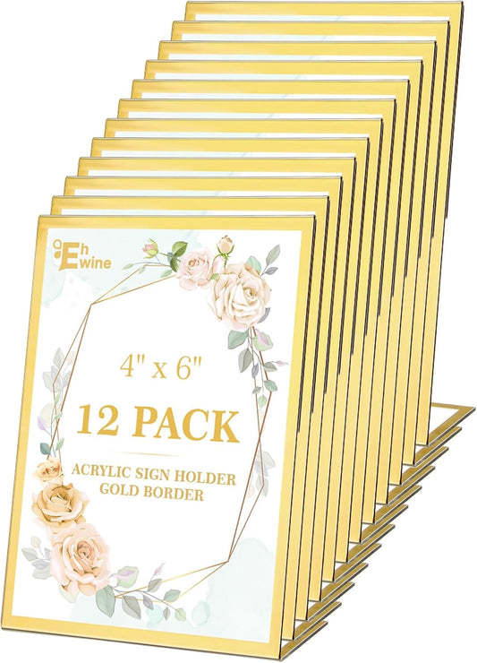 EHWINE 12 Pack Acrylic Sign Holder 4 x 6, Gold Picture Frame Stand up Table Top Sign Holders, Slanted Back Paper Holder Clear Display Stand Menu Flyer Holder for Wedding Party
