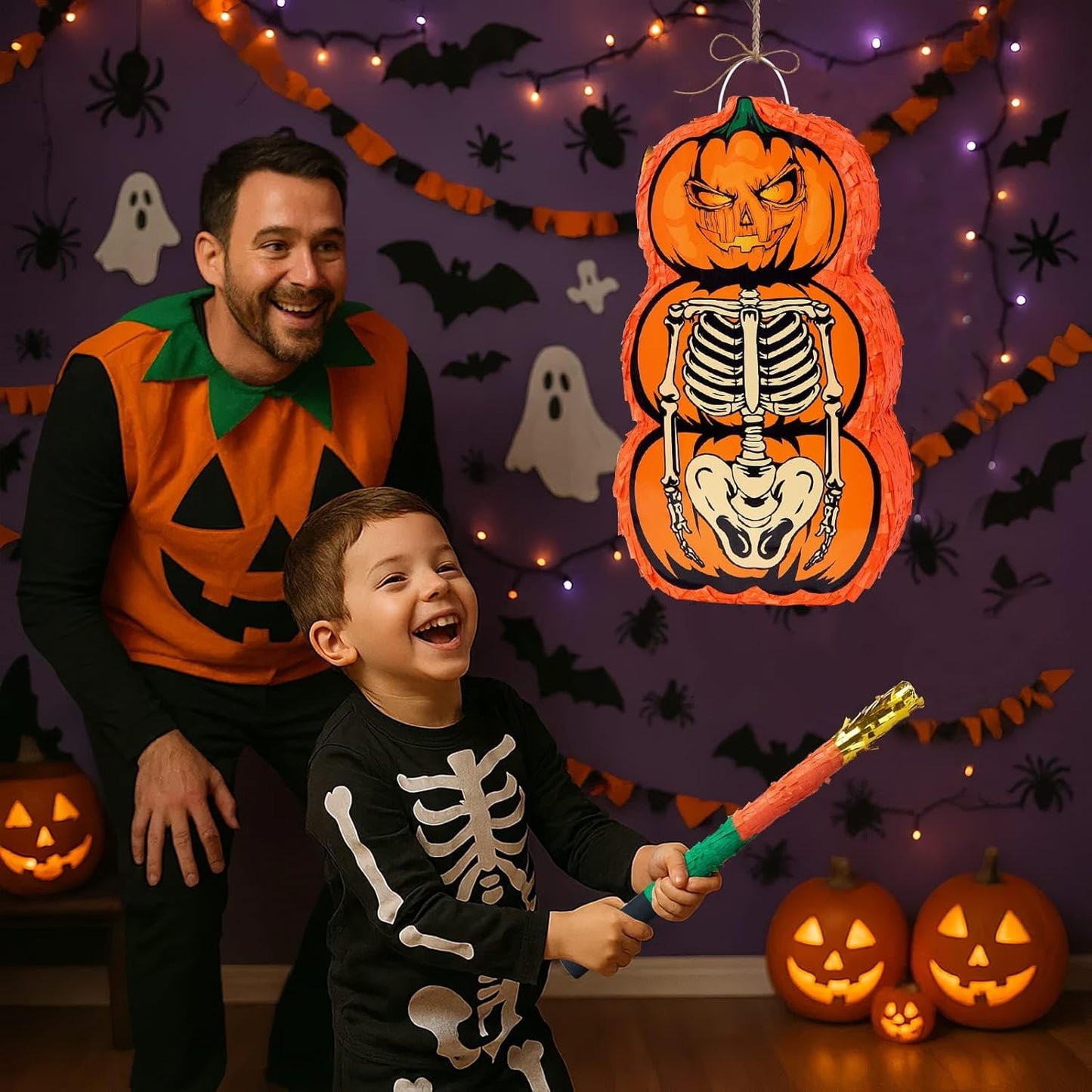 WERNNSAI Halloween Skull Piñata - Pumpkin Skull Pinata Halloween Wicked Pumpkin Party Pinata Games for Kids Weird Theme Party Jack o Lanterns Decorations with Bat Blindfold