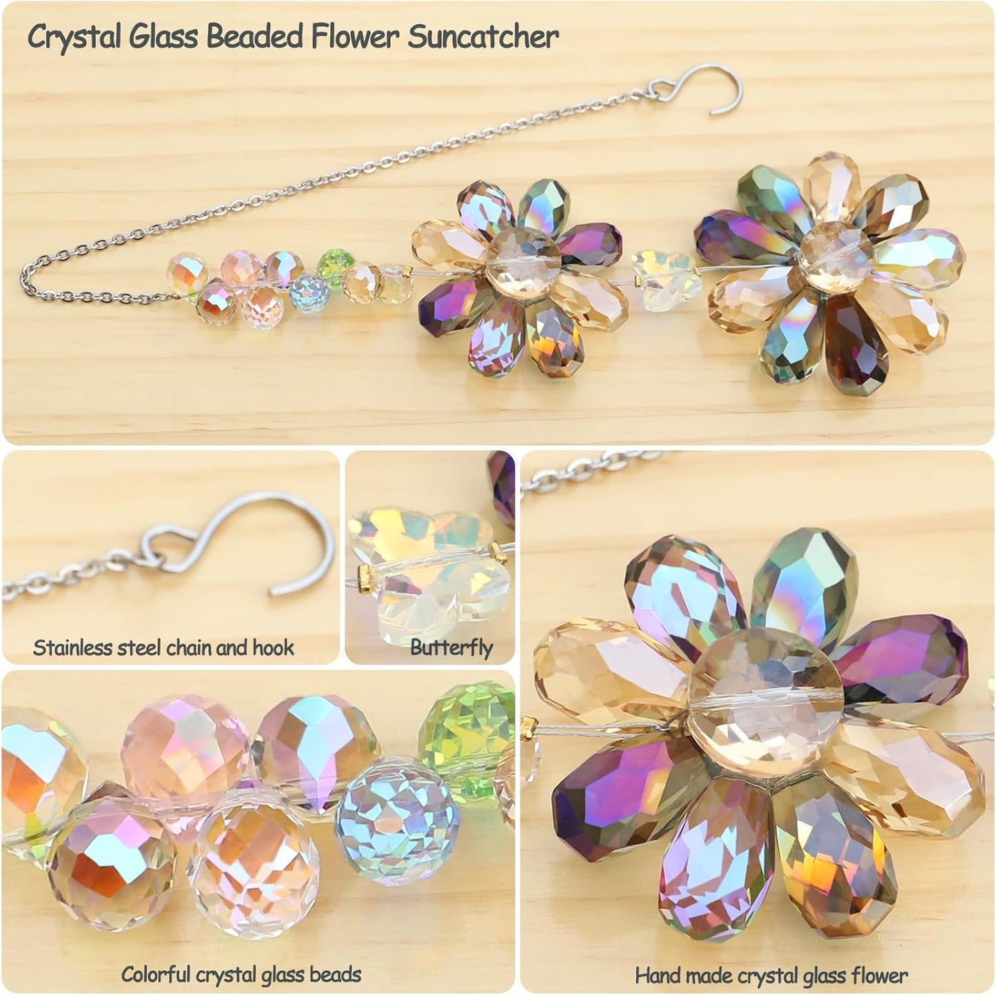 Crystal Flower Suncatcher Hanging Ornament, Rainbow Maker Window Sun Catcher Indoor Outdoor Patio Garden Decor (Deep Multicolor)