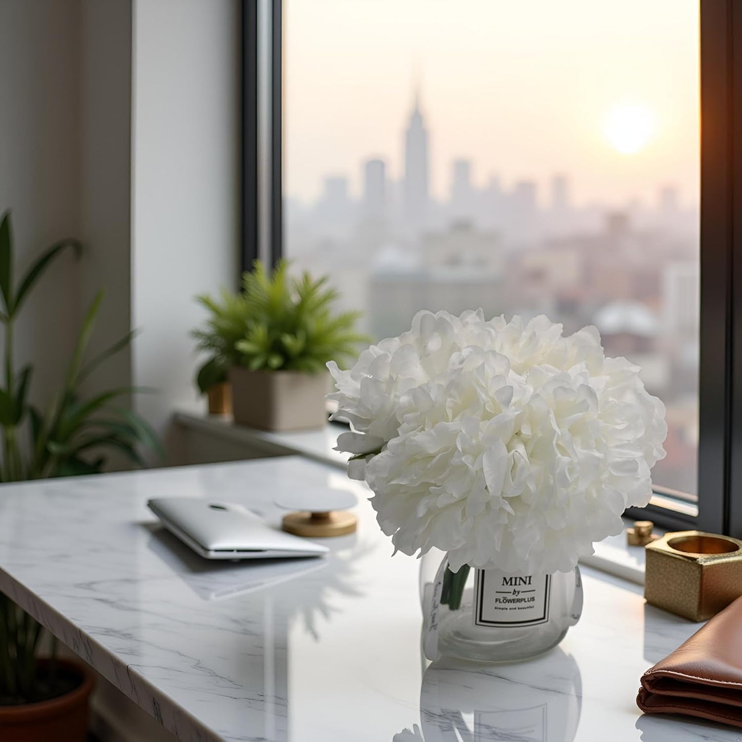 LADADA Artificial White Peony and Glass vase Decoration, Glass Bottle Set,Suitable for Living Room, Dining Table, Wedding, and Other Home Decoration