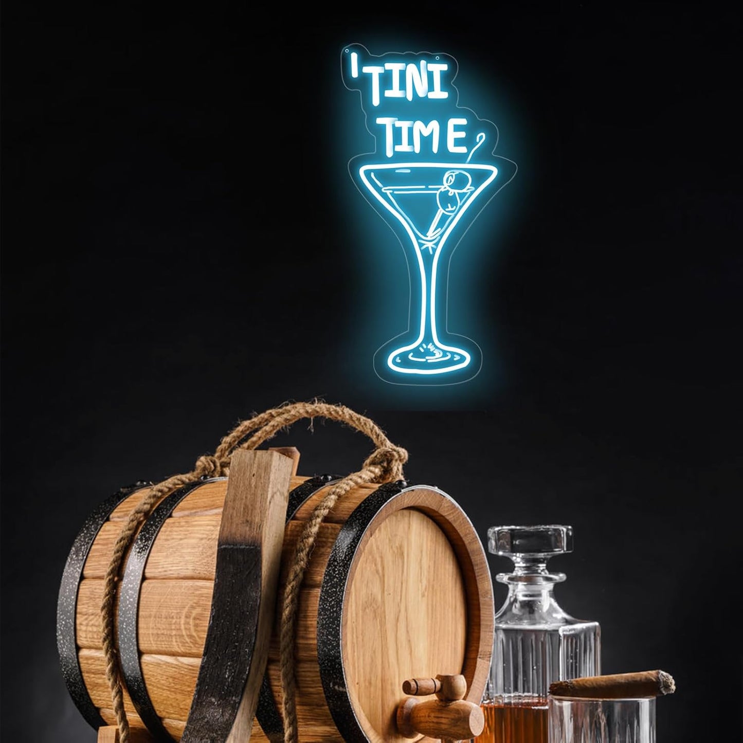 Tini Time LED Neon Sign, Martini Neon Sign for Bars, Elegant Cocktail Glass Neon, Martini Cocktail Bar Wall Decor, Bar Wall Art, Pub neon, 16.5"x8.7", Ice Blue