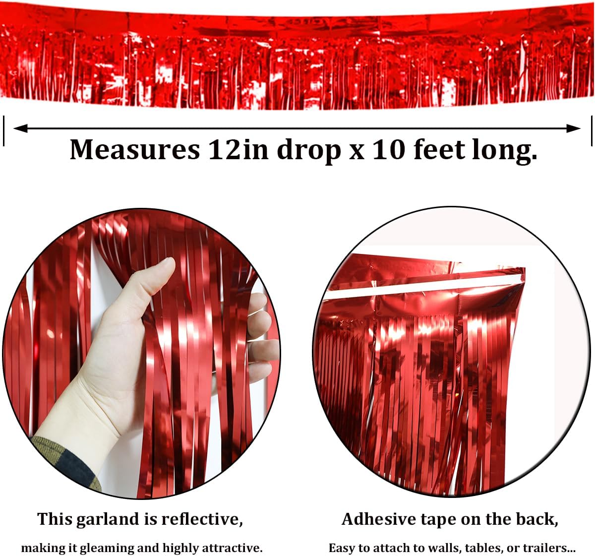 4 Pack Red Total 40 Feet Foil Fringe Garland Metallic Tinsel Banner Wall Hanging Drapes Parade Float Skirting Decorations for Trailer Mardi Gras Party Birthday Wedding Baby Shower