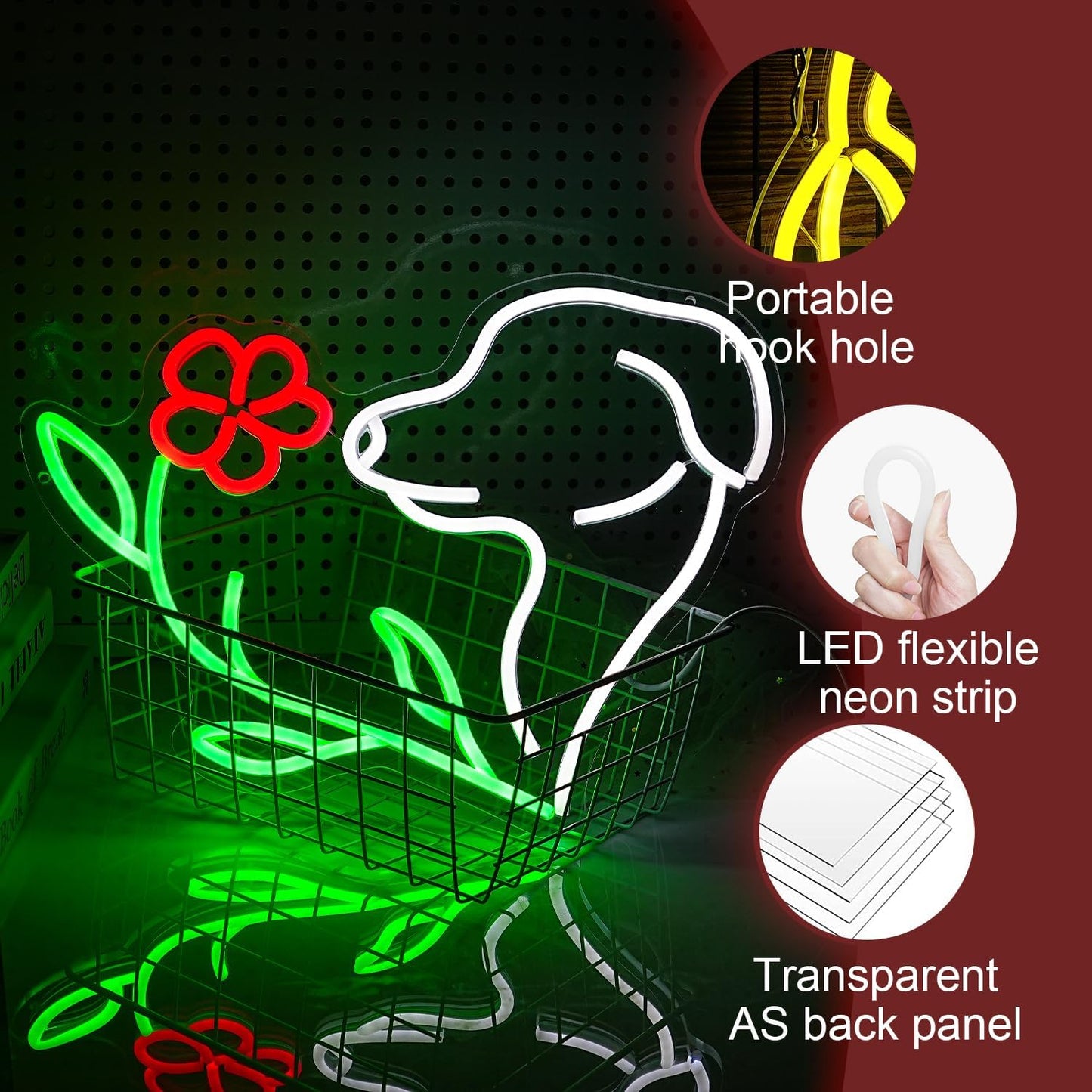 Cute Dog Neon Sign LED Flower Neon Light Suitable for Wall Decor Powered by USB Dimmable Love Dog Light Up Sign for Pet Shop Flower Shop Bedroom Gifts For Lover(15.7 * 12.4In)