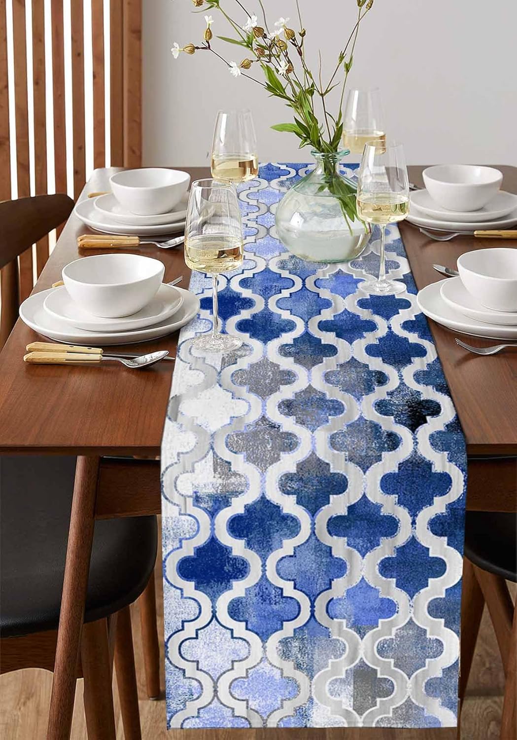 Blue Morocco Plaid Cotton Linen Table Runner for Dining Kitchen, Wedding Outdoor Party Tablerunners Decoration, Distressed Abstract Painted Vintage Dresser Scarf Coffee Tablecloth Runners 13x90 Inches