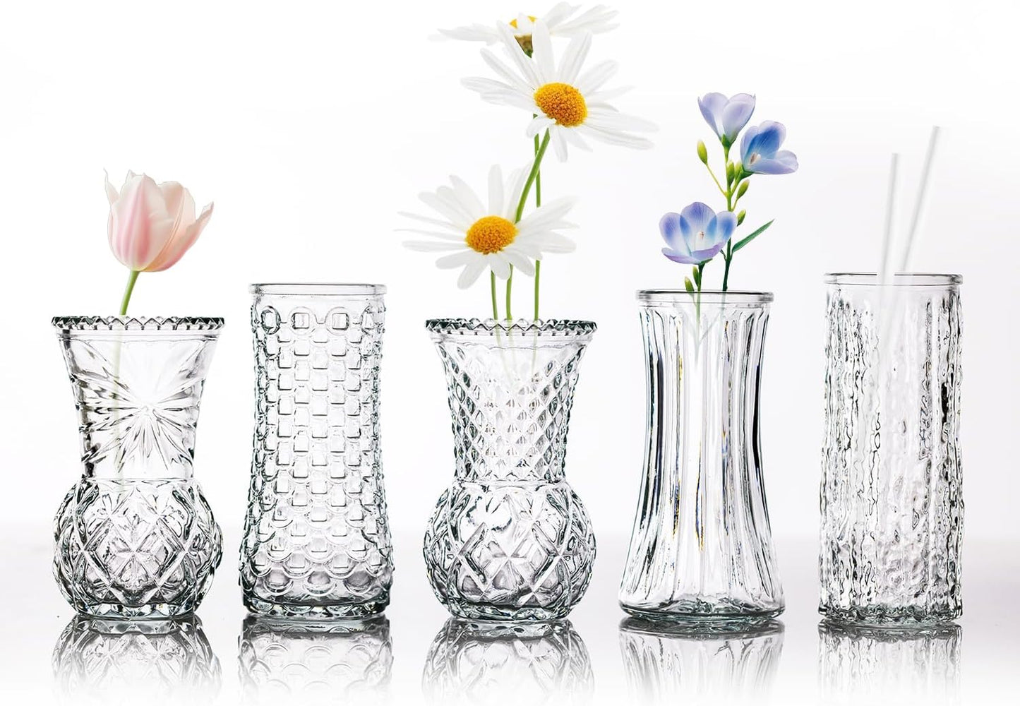 Glass Bud Vase, Transparent Cylindrical, Vintage Style, Wedding Centerpiece (Clear, 5 Pcs)