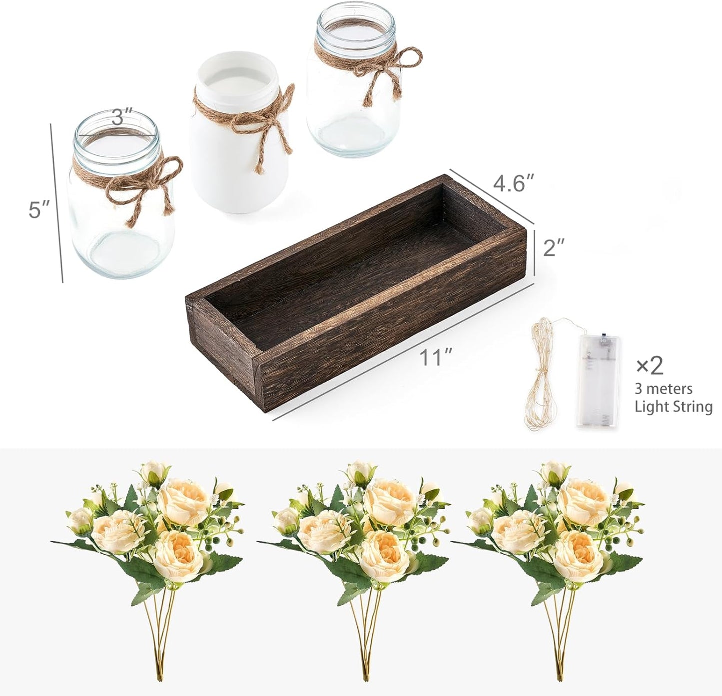 Mkono Mason Jar Lights Centerpiece Table Decor for Dining Room Farmhouse Wood Tray with 3 Jars Flowers Fall Decoration for Coffee Table Kitchen Living Room Wedding