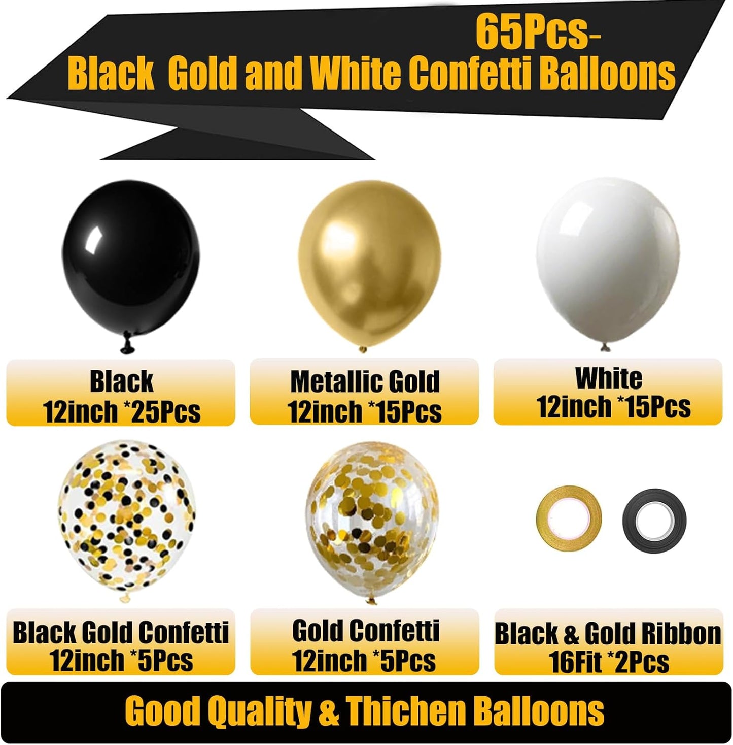 Black White Gold Balloons,65pcs 12 Inch Black Gold Confetti Balloons for Graduation New Year Wedding Birthday Party Decorations