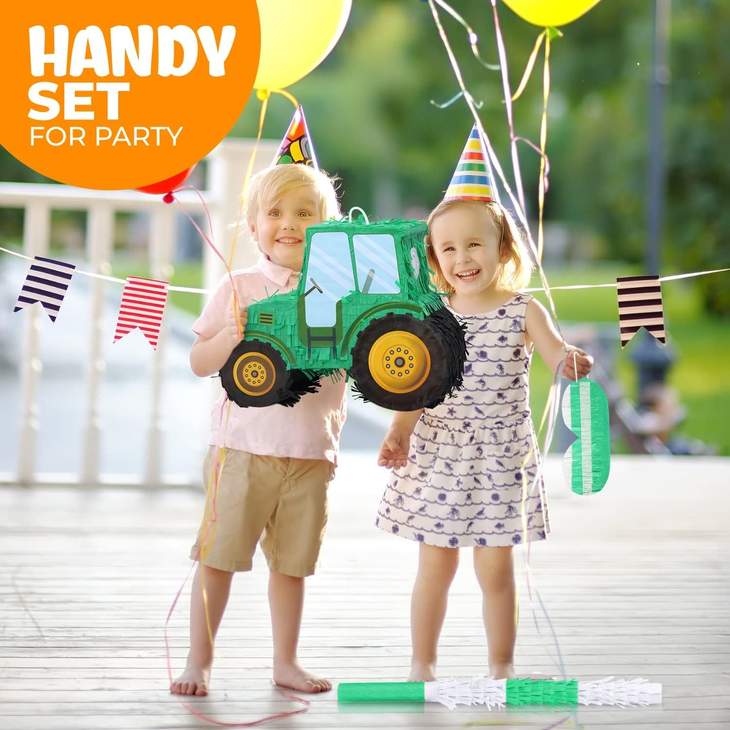 Tractor Pinata Bundle with a Blindfold and Bat(15.8 x 6.7 x 12 Inches), Kids Excavator Pinata for Construction Birthday Parties, Boys Birthday Party Supplies