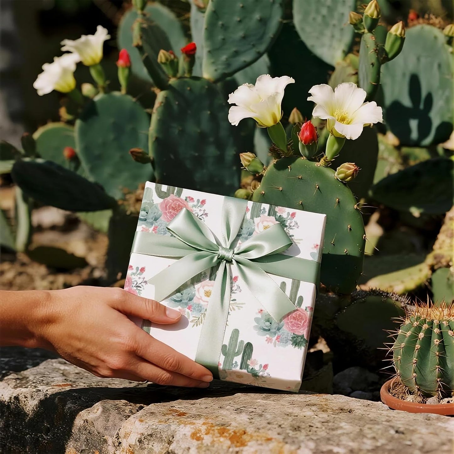 RUSPEPA Cactus Floral Wrapping Paper Roll, Mini Roll, Elegant Cacti and Roses Design, Soft Pink and Green Gift Wrap for Wedding, Birthdays, Baby Shower, Spring and Summer Party, 17 Inches x 16.4 Feet