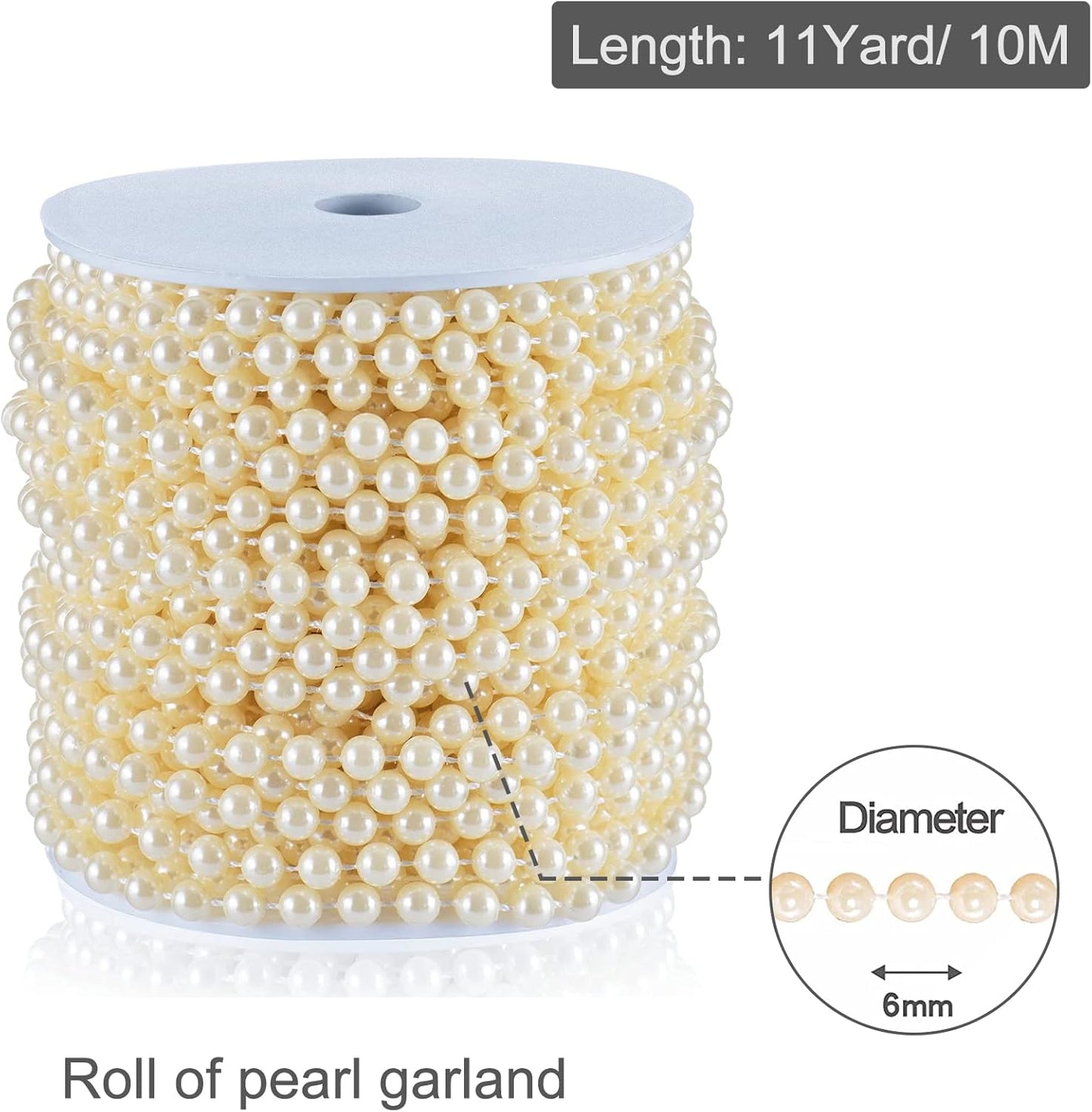 XINHUIDALSQ Craft String of Pearls 6 MM Faux Pearl Beaded,66 Feet Ivory Garland Bead String for Christmas Tree Decorations, Wedding Party Decoration(Ivory, 6mm/20M)