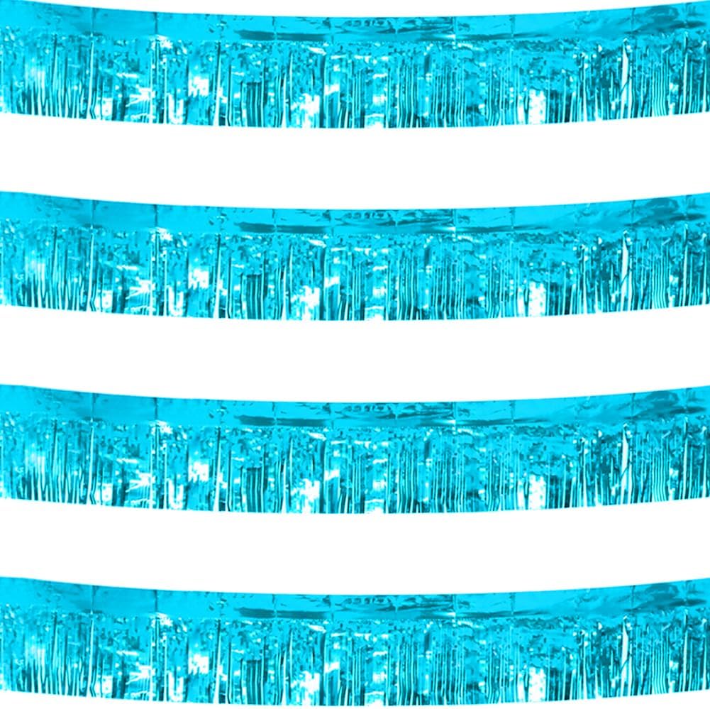 4 Pack Total 40 Feet Foil Fringe Garland Light Blue Metallic Wall Hanging Drapes Tassel Skirting Teal Tinsel Streamers for Parade Float Trailer Mardi Gras Party Birthday Wedding (Turquoise)