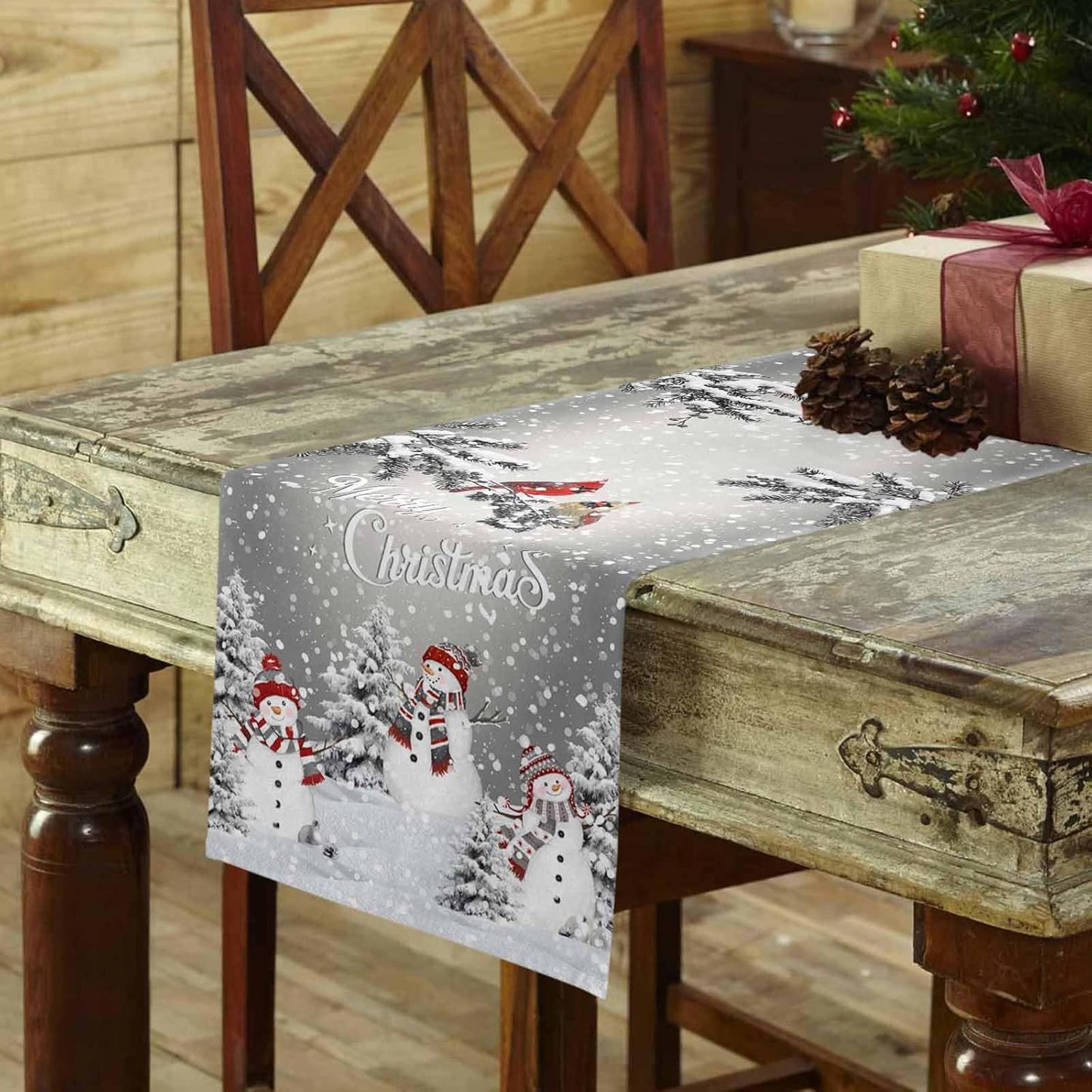 Christmas Snowman Cotton Linen Table Runner for Dining Kitchen, Snowflakes Xmas Pine Tree Wedding Outdoor Party Tablerunner Decoration Winter Bird Dresser Scarf Coffee Tablecloth Runners 13x36 Inches