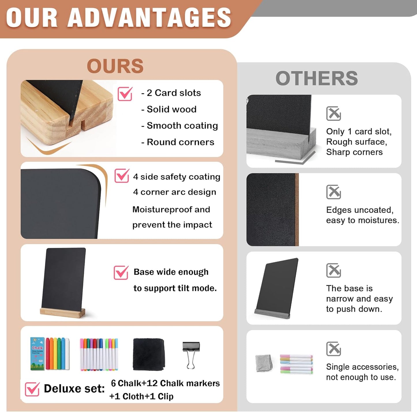 SELEAD Small Chalkboard Words Sign - 2 Pack 8x12 Inch Tabletop Decorative Chalk Board with Wooden Stand, Double-Sided Erasable Message Menu Board for Food, Store, Business, Wedding