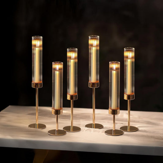 NUPTIO Hurricane Candle Holder for Centerpiece: Set of 6 Tall Candle Stick Holder with Ribbed Glass Cover - Bulk Fluted Taper Candlestick Decor for Living Room Thanksgiving Christmas