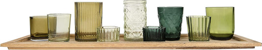 Creative Co-Op Wood Tray with 9 Green Glass Votive Holders