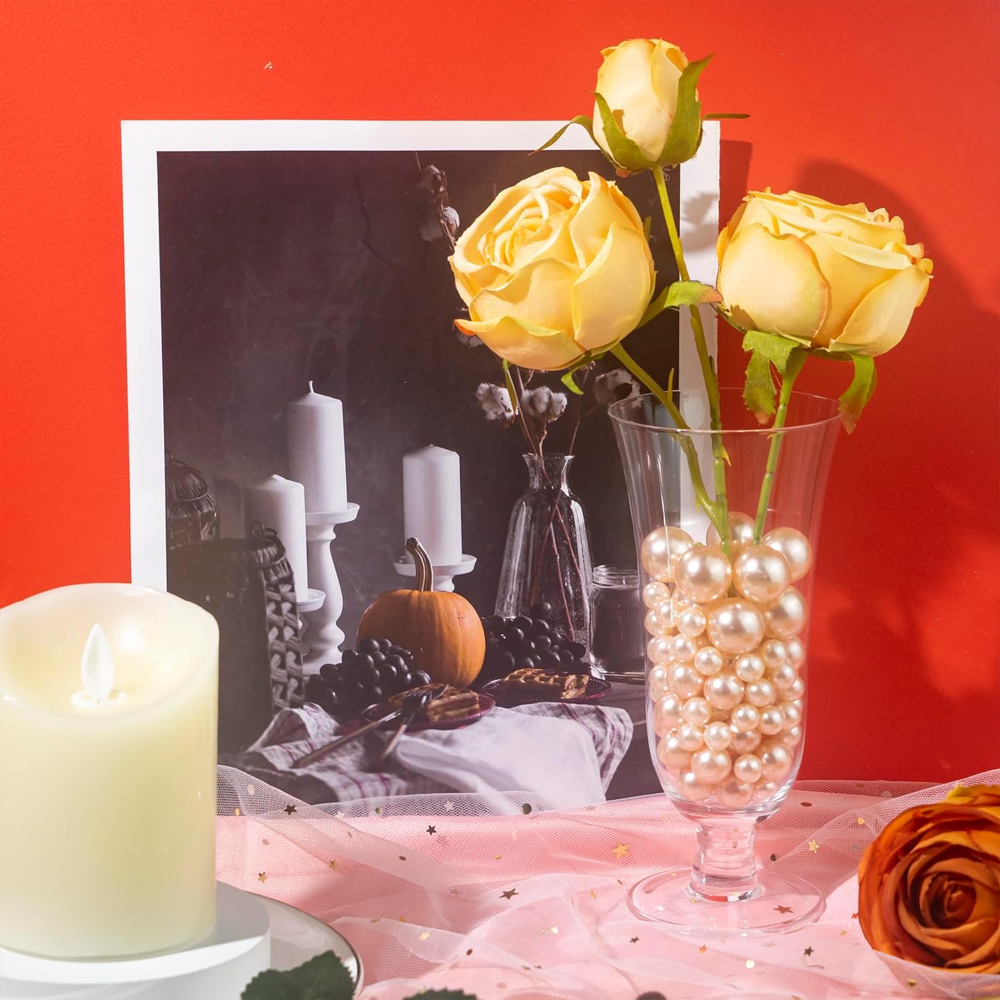 300Pcs Champagne Polished No Hole Faux Pearl Beads for Vase Filling Decorations, Plastic Pearls Vase Fillers, Table Scatters, Wedding Centerpiece, Home Decor, 8/14/20 mm