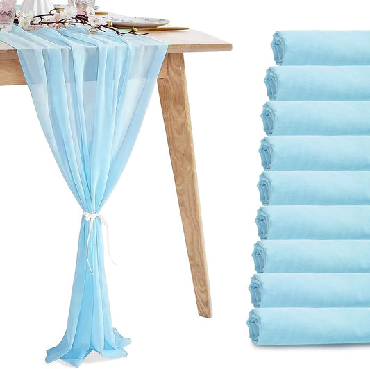 10 Pack 10ft Baby Blue Chiffon Table Runners Wedding Table Runner Sheer Romantic Tulle Table Runner for Christmas Wedding Bridal Tea Party Baby Shower Birthday Party Table Decorations(120 x 12 in)