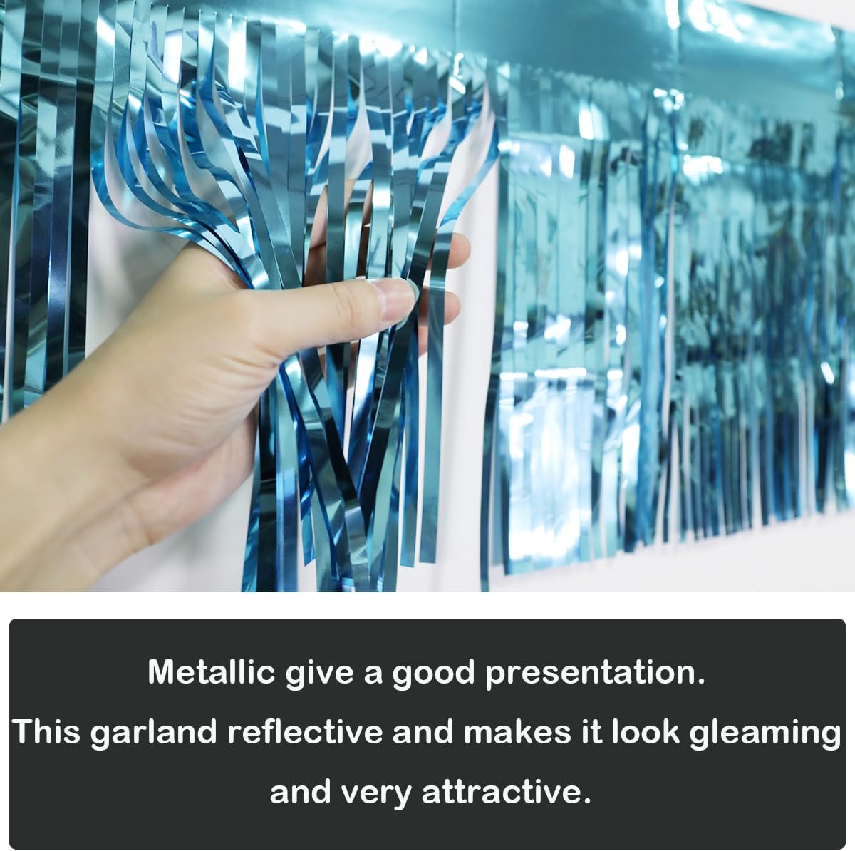 4 Pack Total 40 Feet Foil Fringe Garland Light Blue Metallic Wall Hanging Drapes Tassel Skirting Teal Tinsel Streamers for Parade Float Trailer Mardi Gras Party Birthday Wedding (Turquoise)