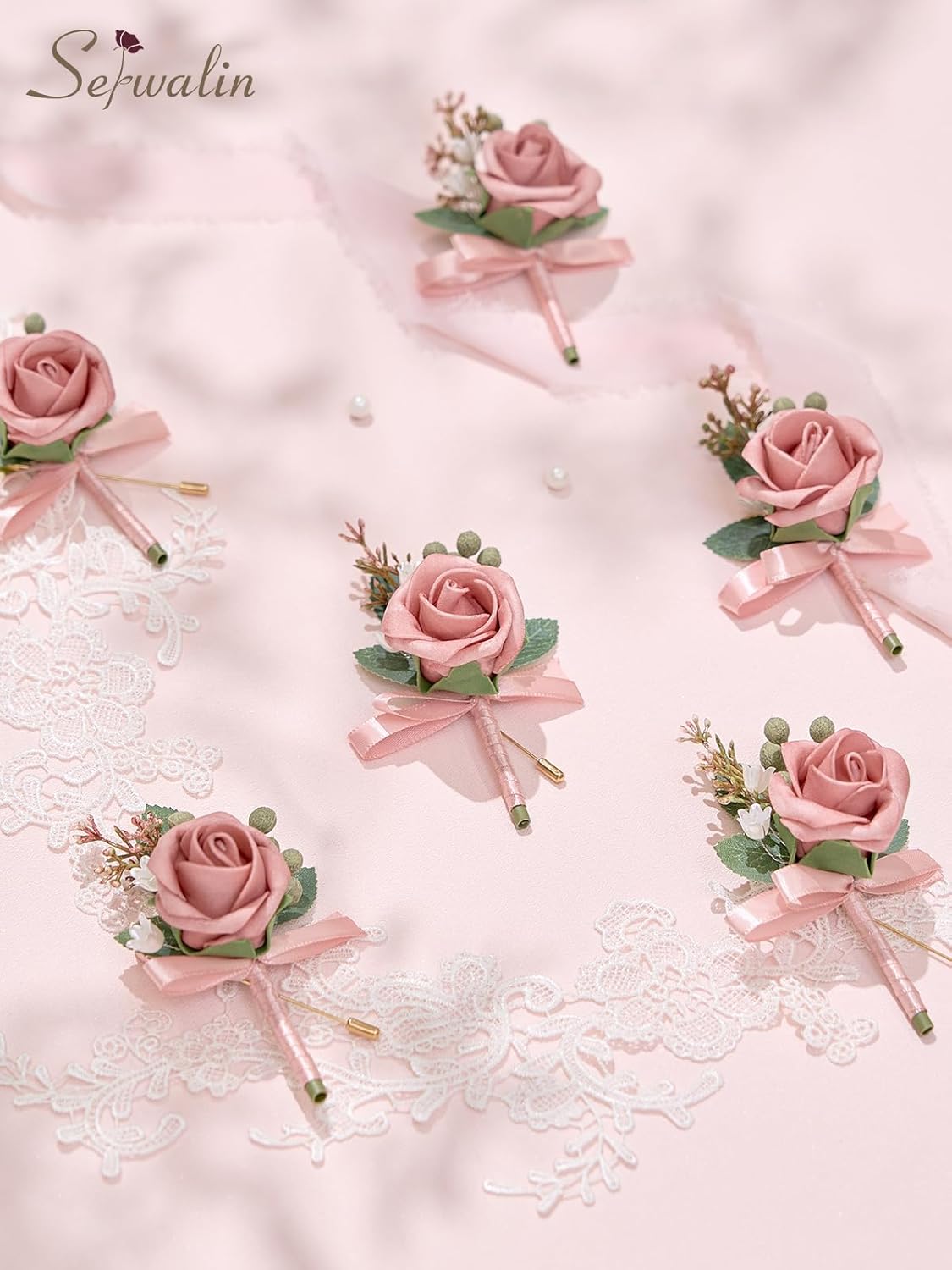 Serwalin 10Pcs Boutonniere for Men, Pink Groom and Best Man Boutonniere, Artificial Flowers for Wedding Decor, Prom, Homecoming, Ceremony Anniversary, Formal Dinner Party