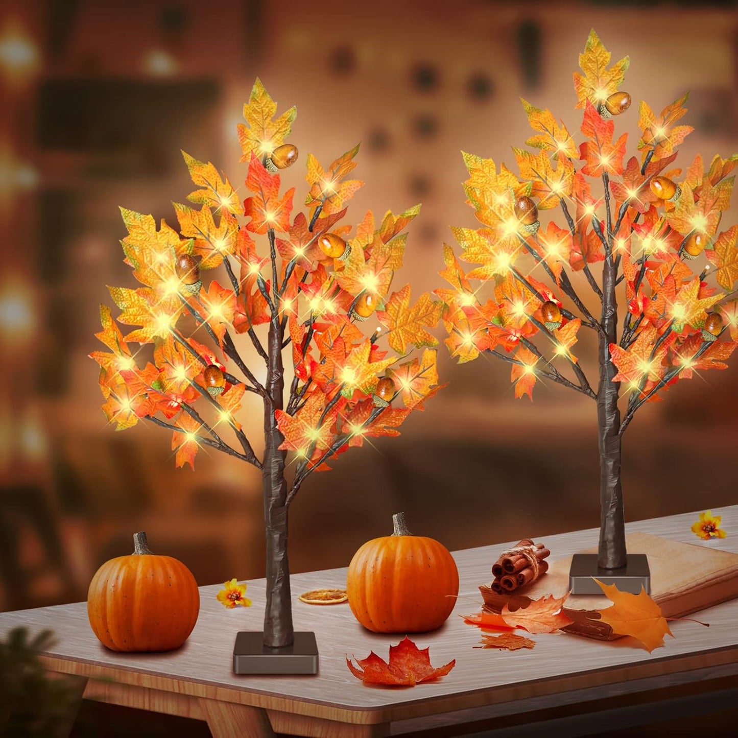 24 Inch Fall Lighted Maple Tree, 2FT Fall Tree with 36 LEDs, 6 Acorns, Timer Battery Operated, Thanksgiving Decorations Table Lights Tree for Autumn Wedding Party Gift Harvest Home