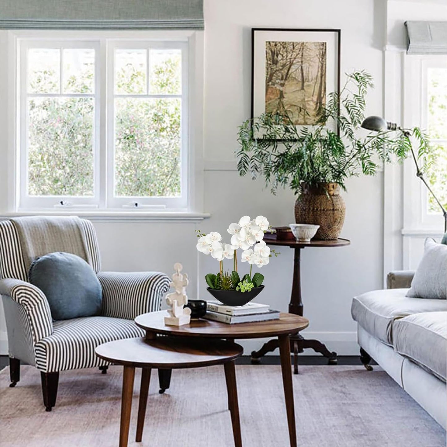 Briful Orchid Fake Flowers 17in White Artificial Orchid Silk Flowers in Black Pot Faux Orchid Arrangement for Home Office Bathroom Dining Table Modern Decoration