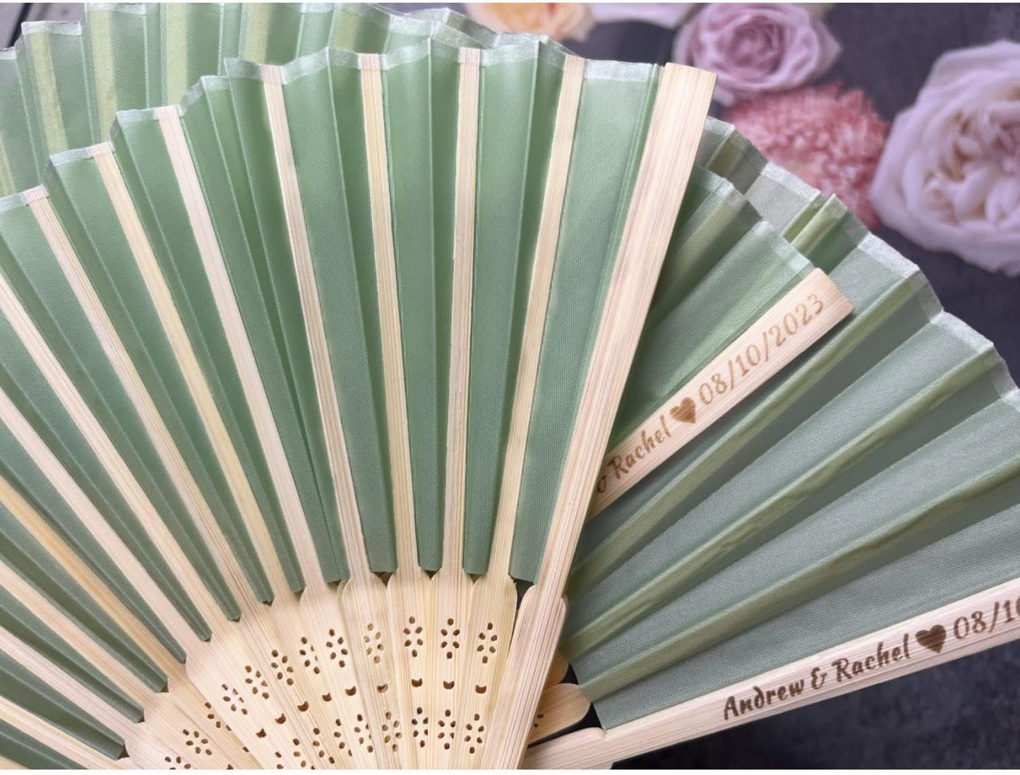 Personalized Wedding Fans Handheld Folding Fans (90Pcs) - Custom Engraved Green Silk Fans for Bridal Shower Favor/Baby Shower Favor, Birthdays Party Gifts/Gifts for Party Guests