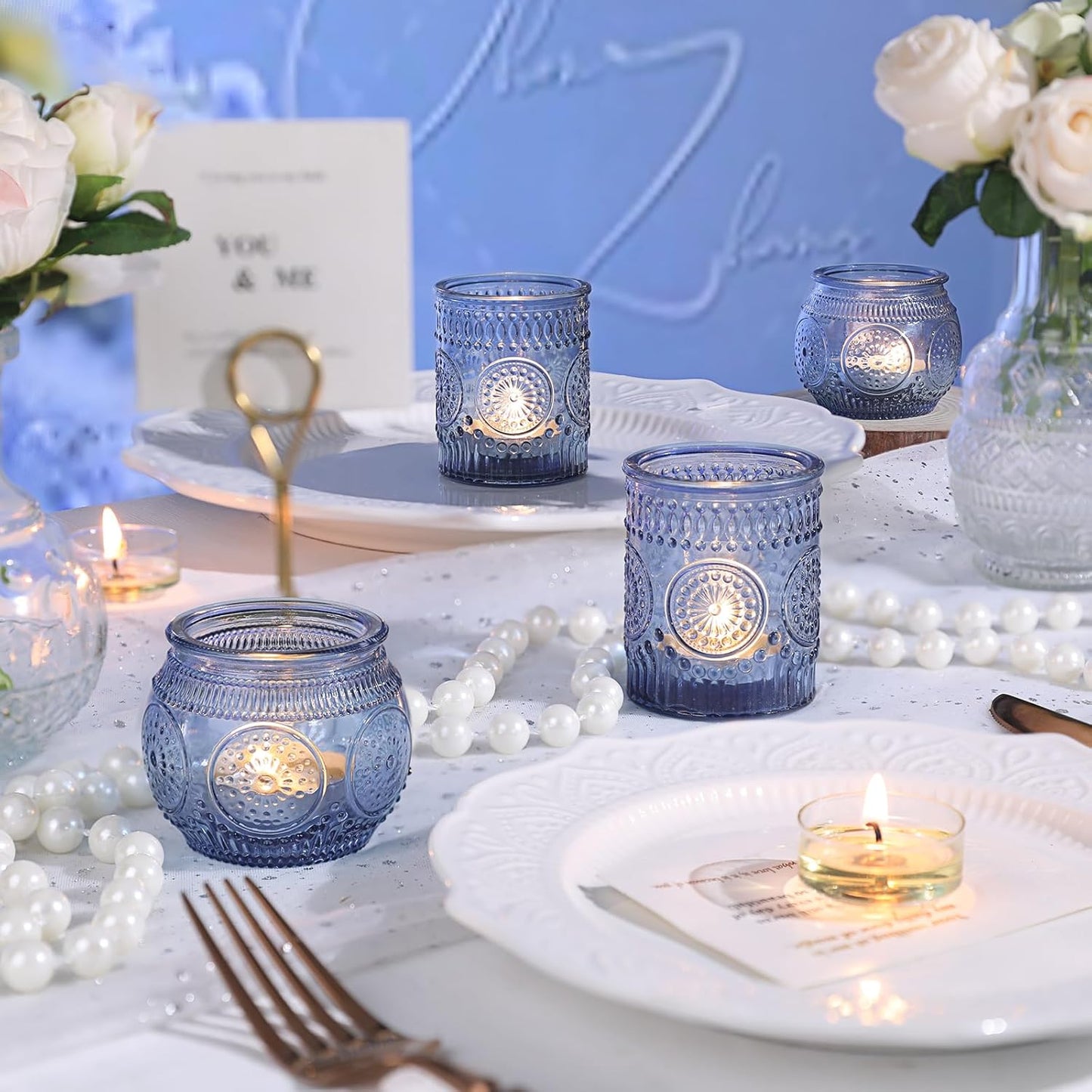 DARJEN 12Pcs Blue Votive Candle Holders - Votive Candle Holders Bulk, Glass Candle Holder for Party Decoration, Tea Lights Candle Holders for Wedding