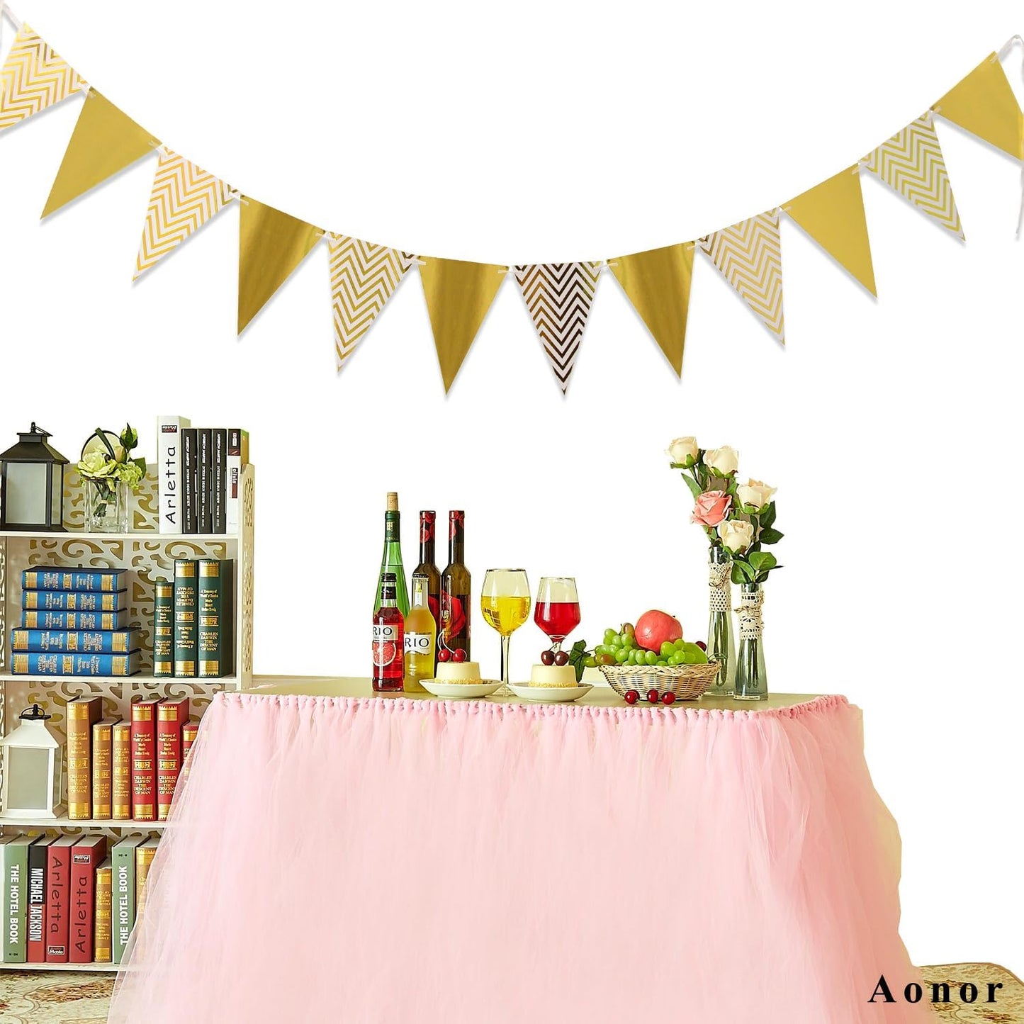 Sparkly Paper Pennant Banner Triangle Flags Bunting 8.2 Feet and Tissue Paper Tassels Garland 15 pcs for Baby Shower, Birthday Party Decorations, Metallic Gold